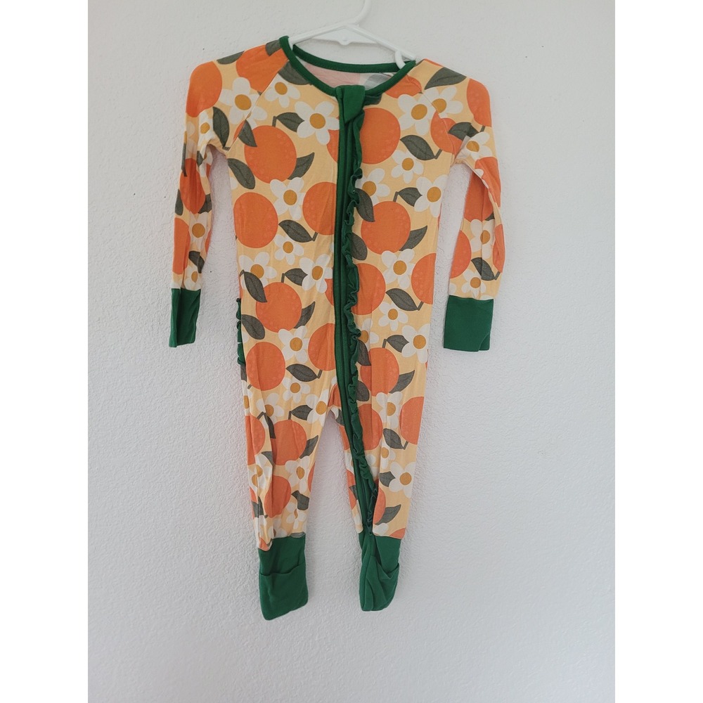 Poppy Kids Co Orange Citrus Floral Bamboo Ruffle Footie Sleeper 6-12 Months #2